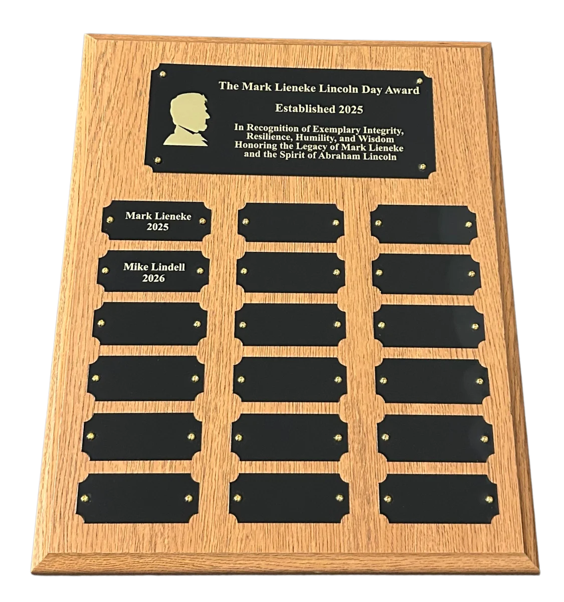 Perpetual plaque of the Mark Lieneke Lincoln Day award